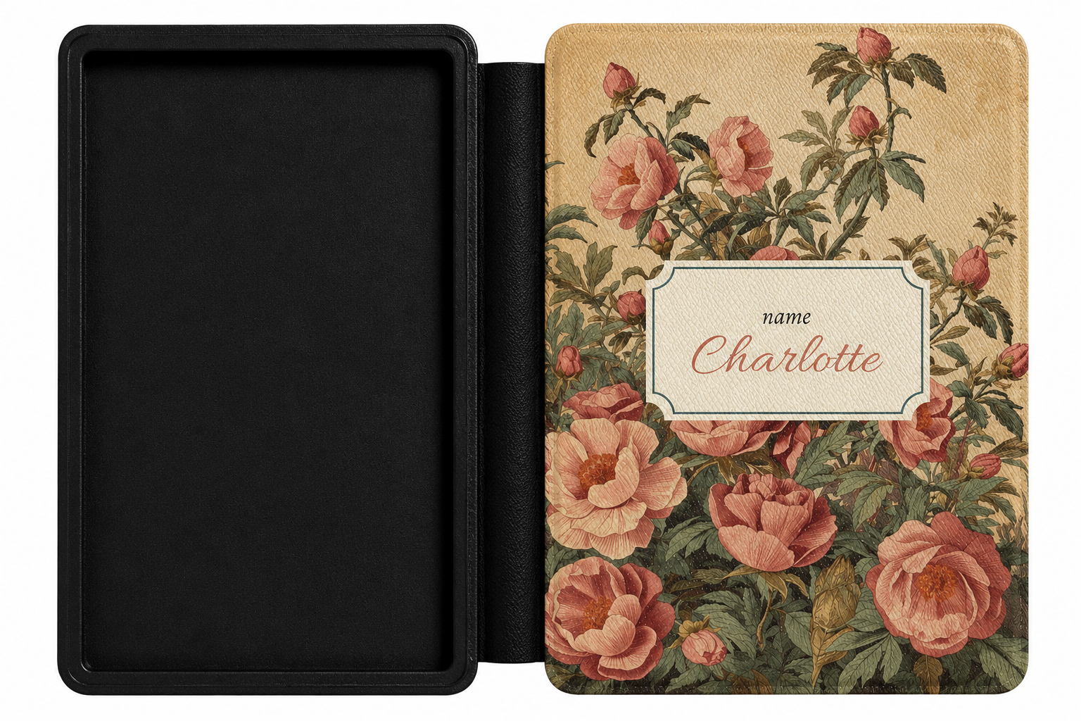 Personalised antique rose Kindle case open showing e-ink Kindle on right interior panel