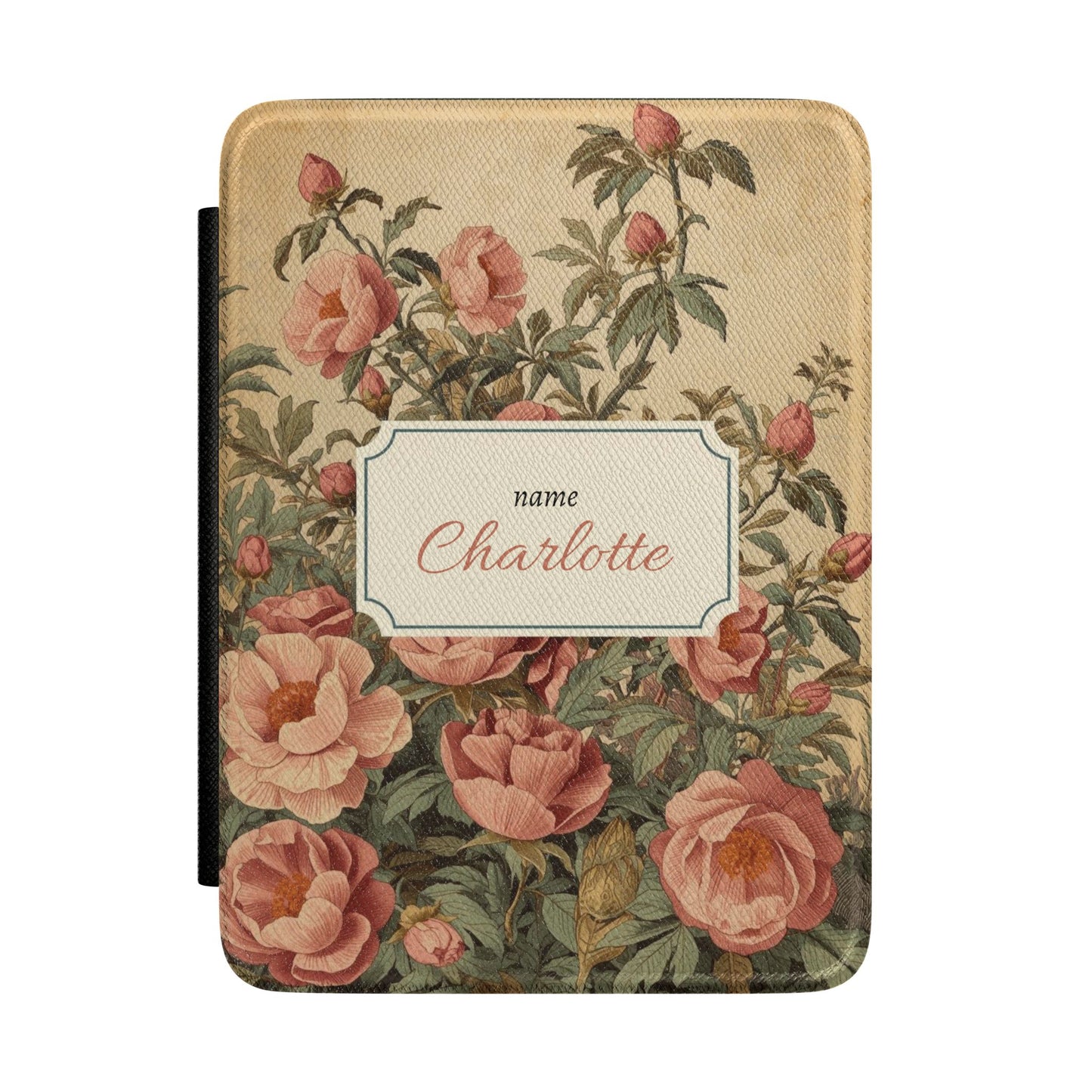 Personalised antique rose Kindle case in heritage Saffiano with name in framed cartouche, Maison Noir custom gift for her
