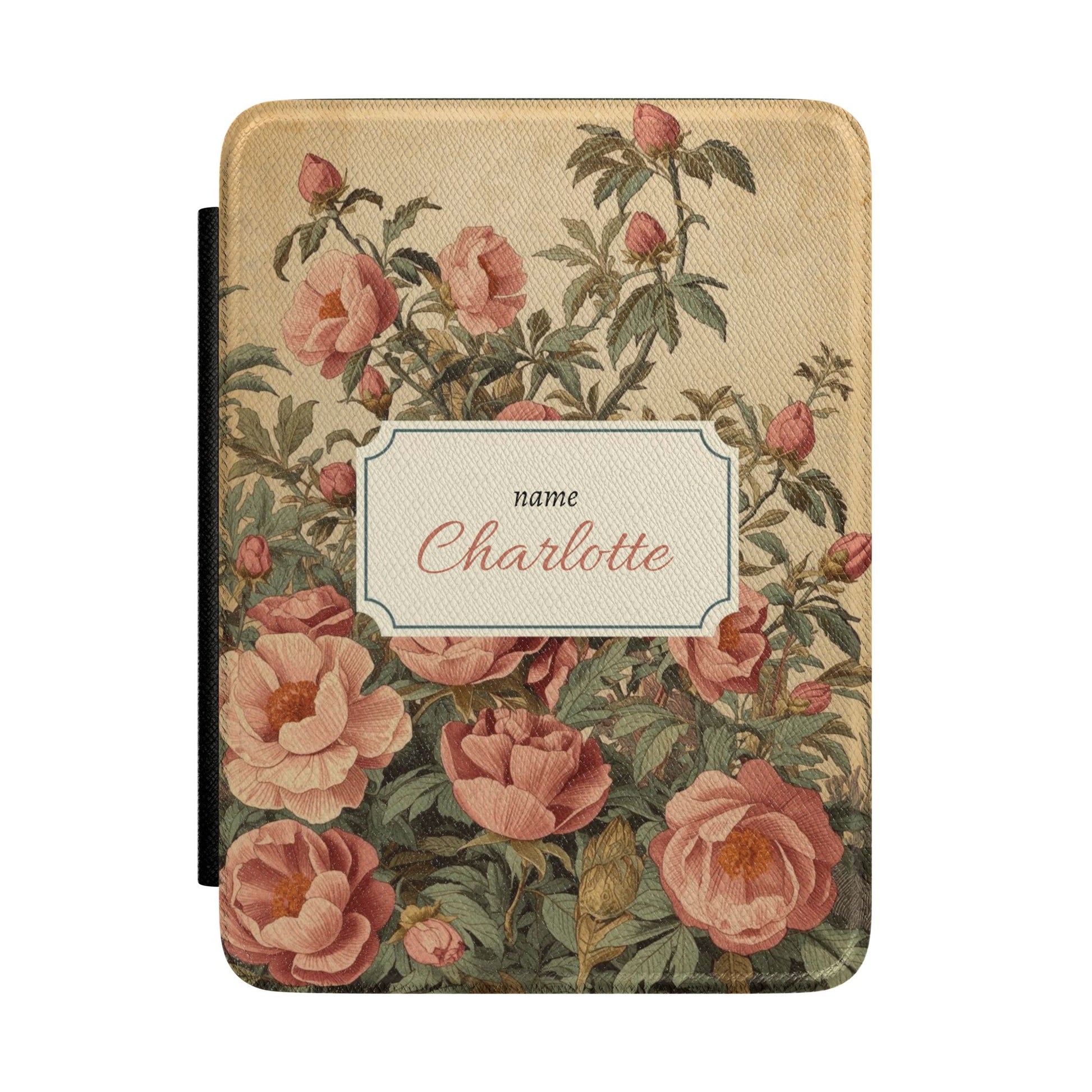 Personalised antique rose Kindle case in heritage Saffiano with name in framed cartouche, Maison Noir custom gift for her