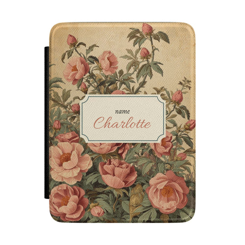 Personalised antique rose Kindle case in heritage Saffiano with name in framed cartouche, Maison Noir custom gift for her