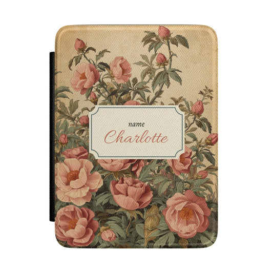 Personalised antique rose Kindle case in heritage Saffiano with name in framed cartouche, Maison Noir custom gift for her