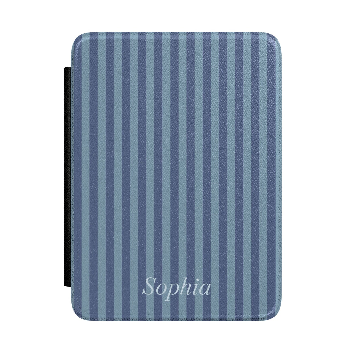 Two-tone blue stripe Kindle Paperwhite case with personalized name in white script front cover — Quiet Bookish custom gift
