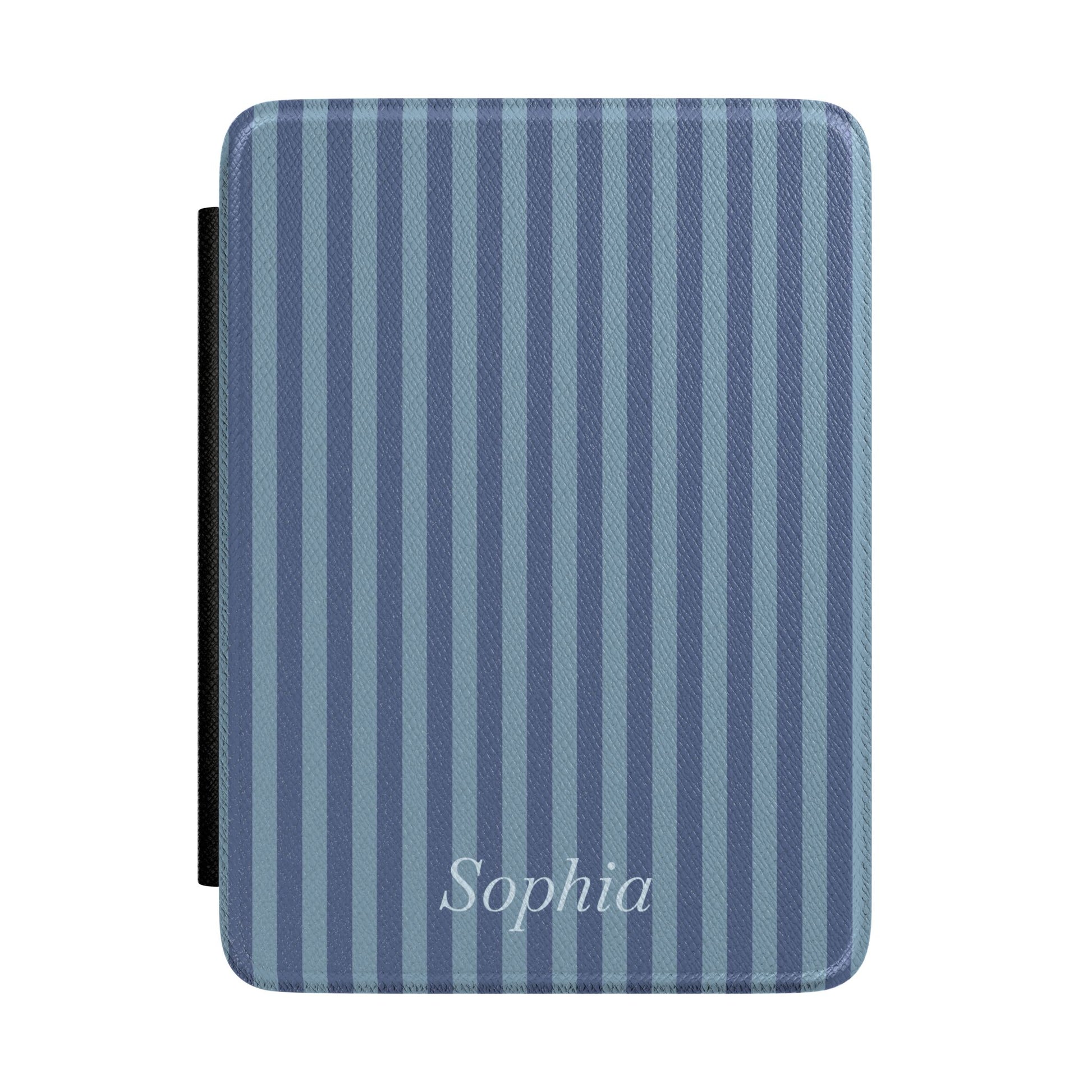 Two-tone blue stripe Kindle Paperwhite case with personalized name in white script front cover — Quiet Bookish custom gift