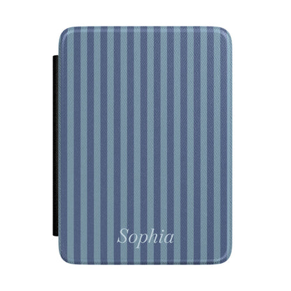 Two-tone blue stripe Kindle Paperwhite case with personalized name in white script front cover — Quiet Bookish custom gift