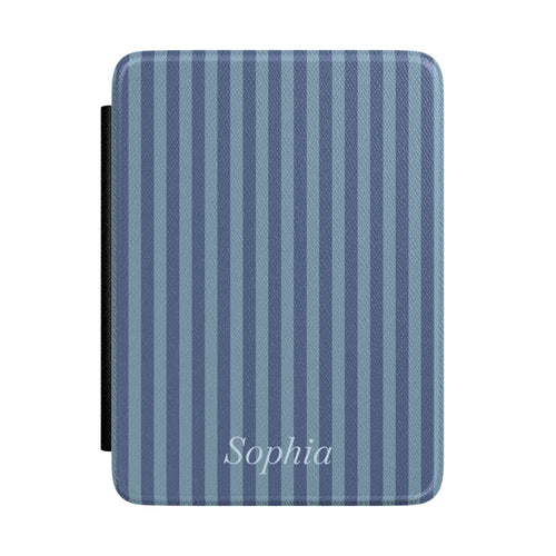 Two-tone blue stripe Kindle Paperwhite case with personalized name in white script front cover — Quiet Bookish custom gift