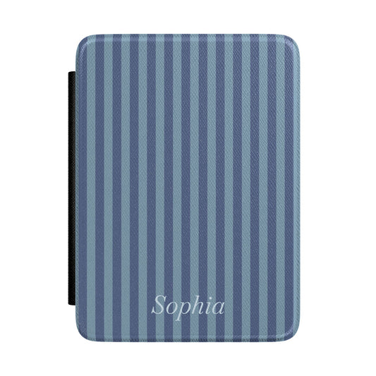 Two-tone blue stripe Kindle Paperwhite case with personalized name in white script front cover — Quiet Bookish custom gift
