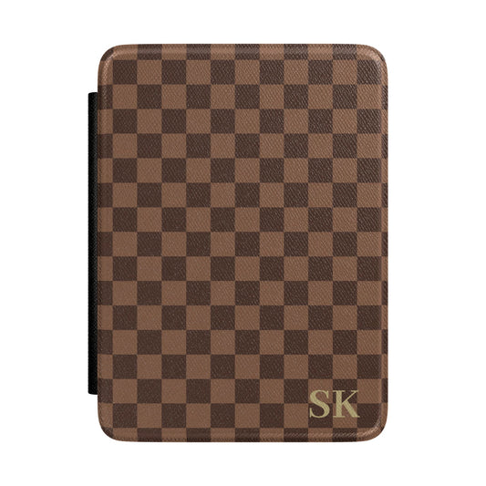 Personalised brown checker Saffiano Kindle Paperwhite case with gold two-letter monogram