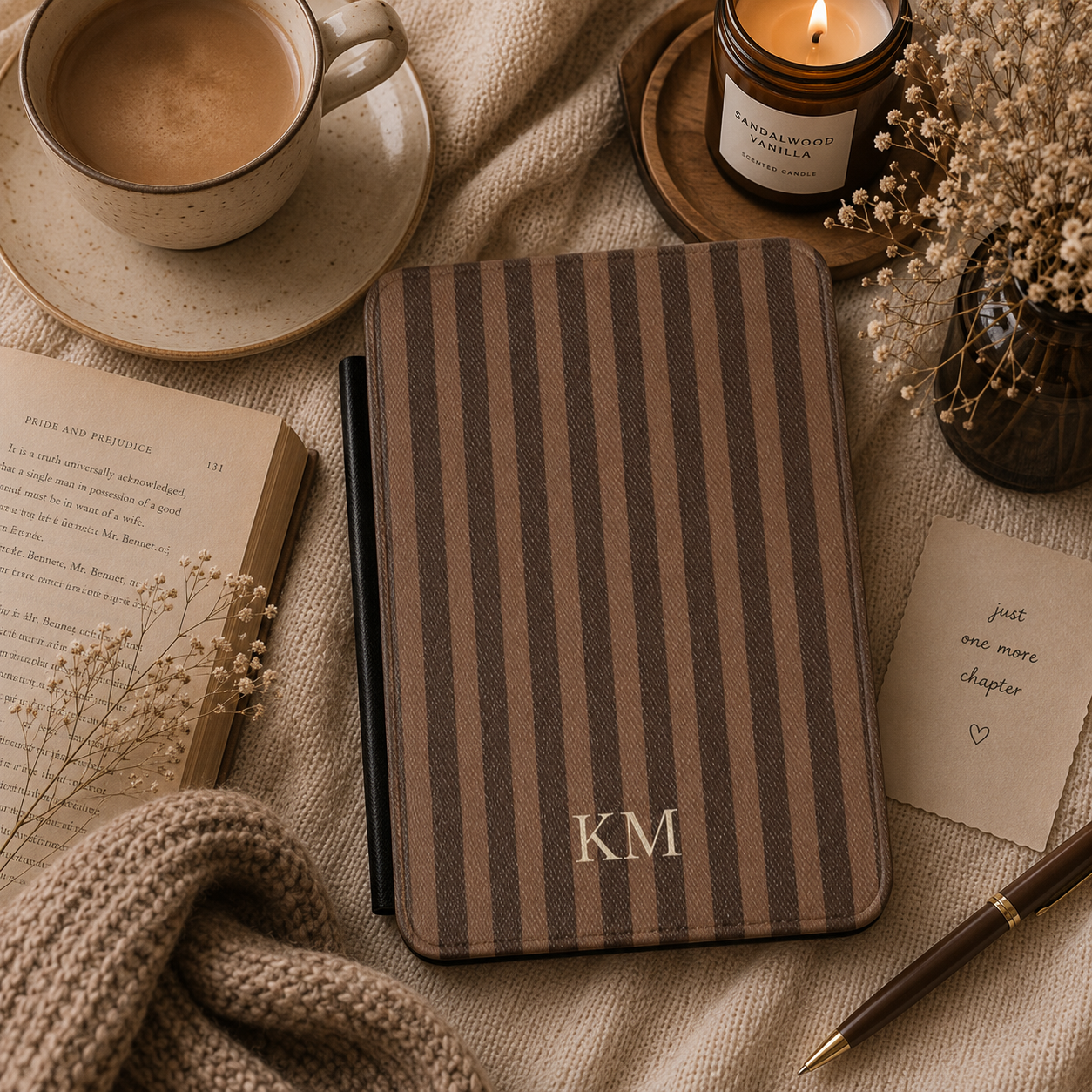 Personalised brown stripe Kindle case shown at an angle