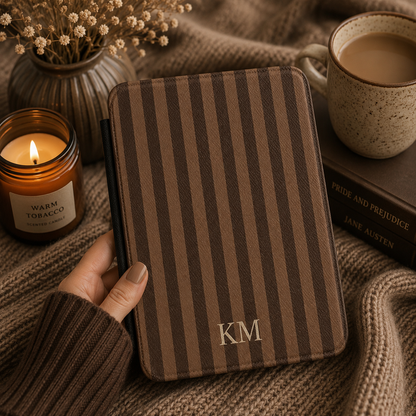 Close-up of brown stripe Saffiano Kindle case with debossed custom initials