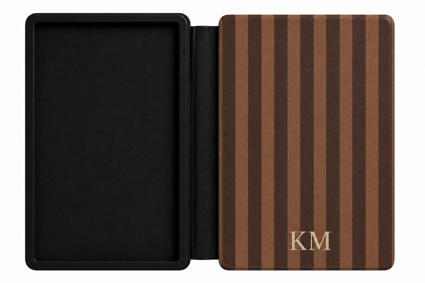 Personalised brown stripe Kindle case front cover with debossed initials