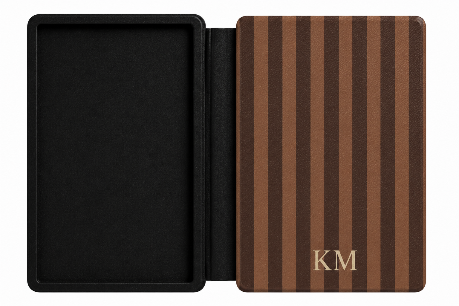 Personalised brown stripe Kindle case front cover with debossed initials