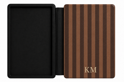 Personalised brown stripe Kindle case front cover with debossed initials