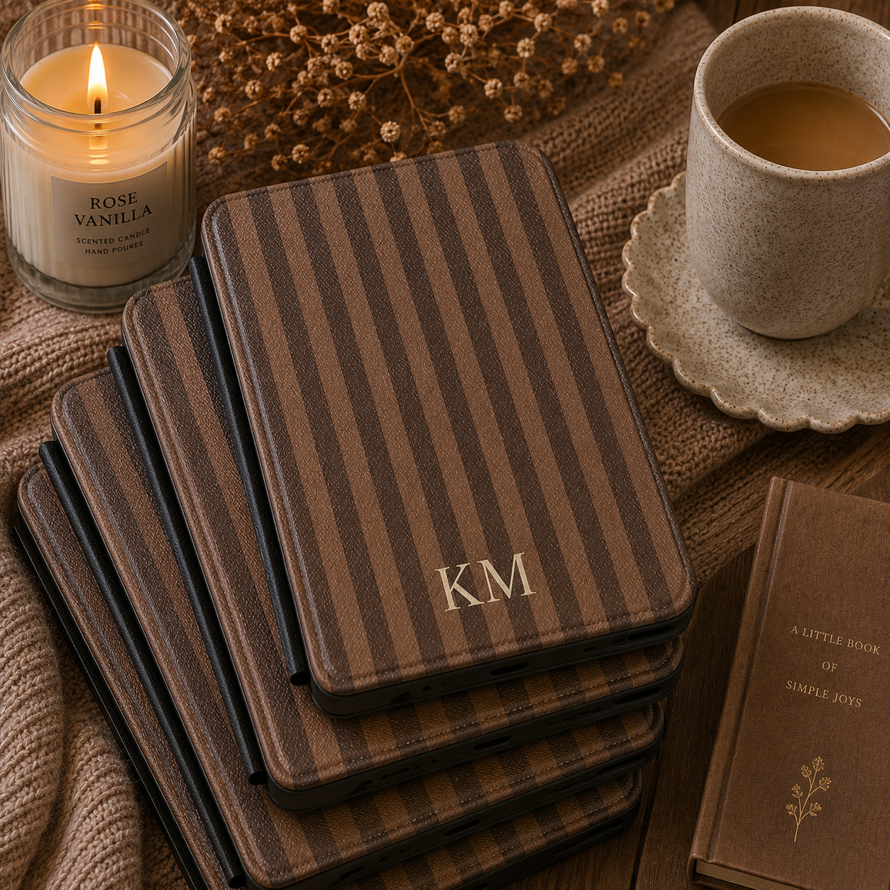 Personalised brown stripe Kindle case open showing e-ink Kindle on right interior panel