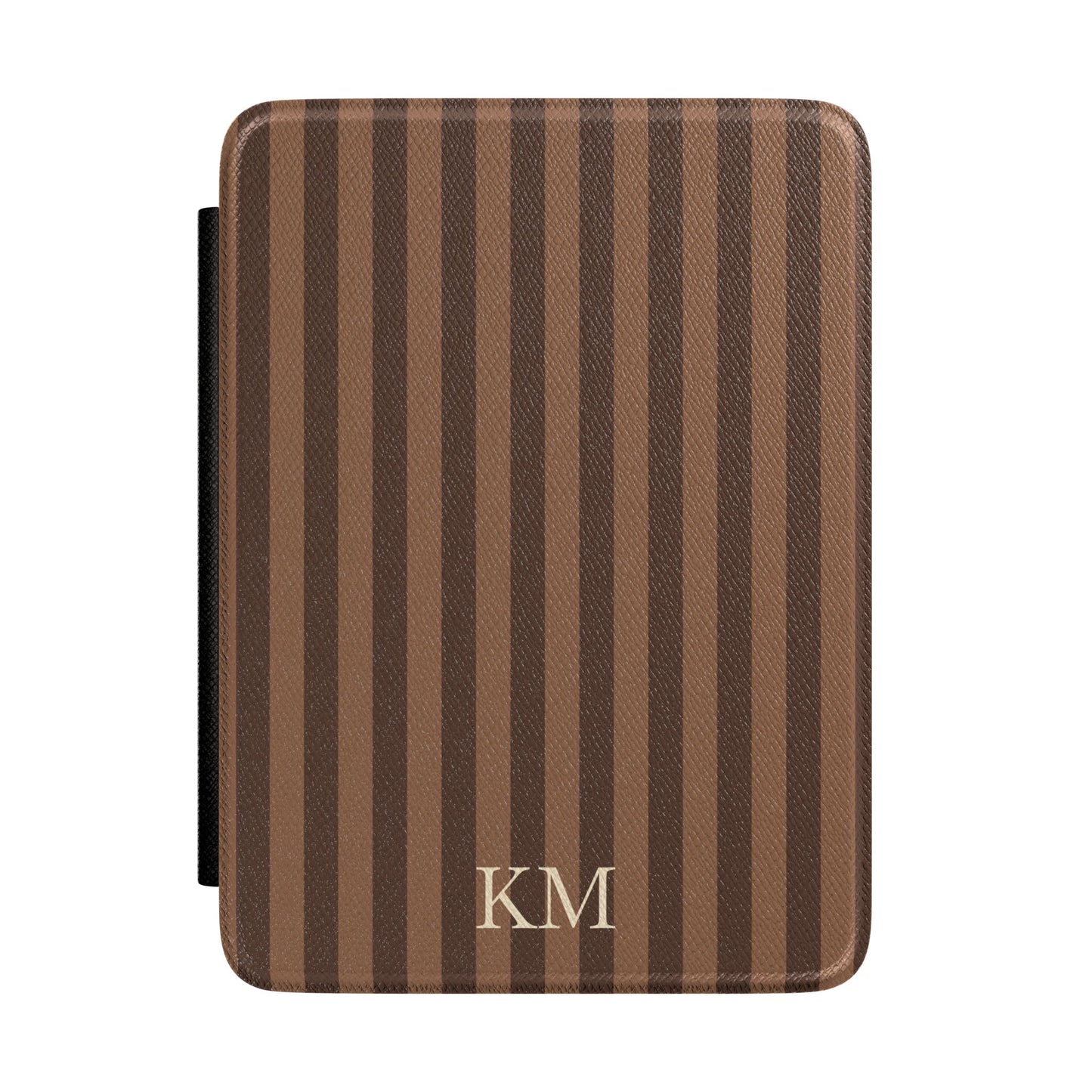 Personalised brown stripe Kindle case in heritage Saffiano with debossed initials, Maison Noir custom gift for her