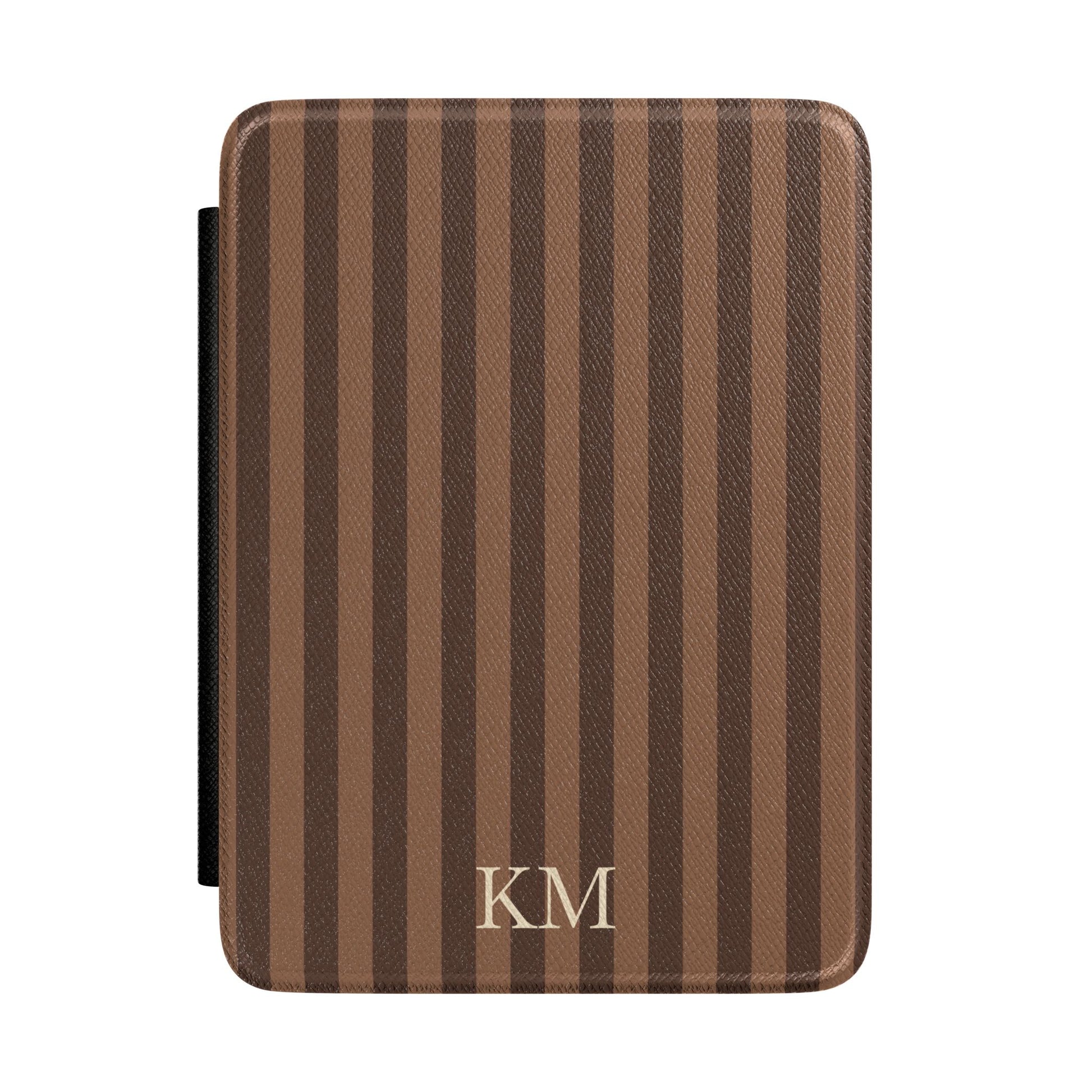 Personalised brown stripe Kindle case in heritage Saffiano with debossed initials, Maison Noir custom gift for her