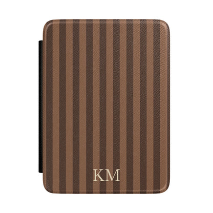Personalised brown stripe Kindle case in heritage Saffiano with debossed initials, Maison Noir custom gift for her