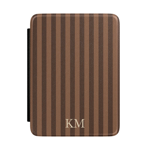 Personalised brown stripe Kindle case in heritage Saffiano with debossed initials, Maison Noir custom gift for her