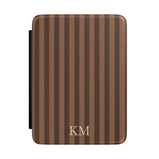 Personalised brown stripe Kindle case in heritage Saffiano with debossed initials, Maison Noir custom gift for her