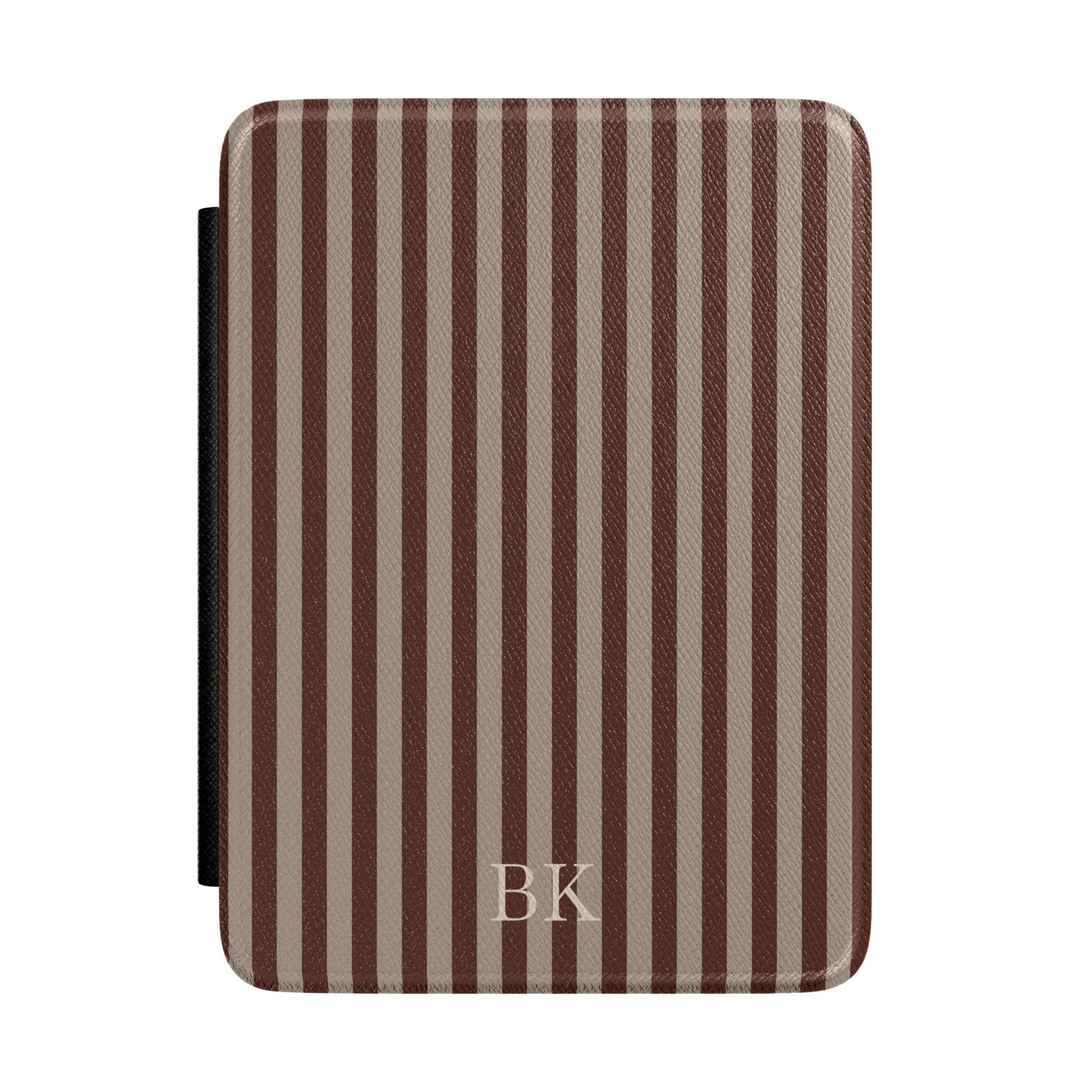 Brown and taupe ticking stripe Kindle Paperwhite case with debossed initials front cover — Maison Noir personalized gift