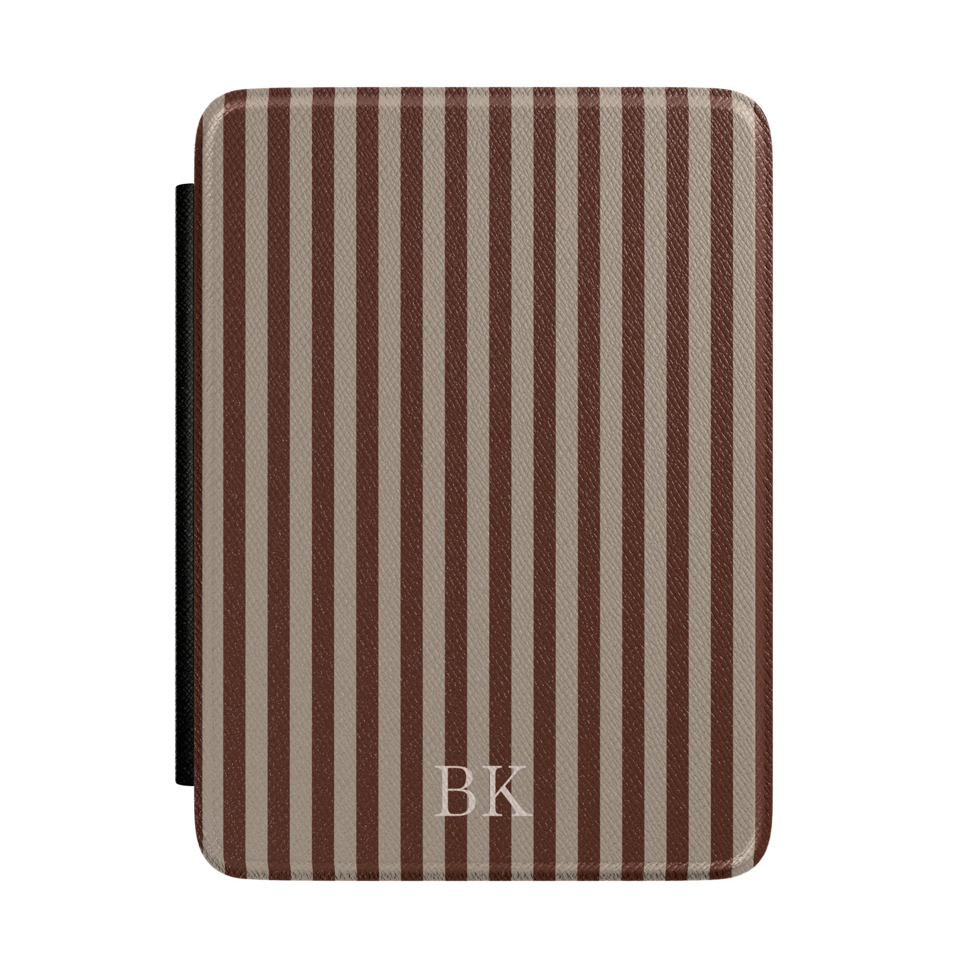 Brown and taupe ticking stripe Kindle Paperwhite case with debossed initials front cover — Maison Noir personalized gift