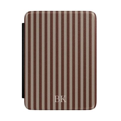 Brown and taupe ticking stripe Kindle Paperwhite case with debossed initials front cover — Maison Noir personalized gift