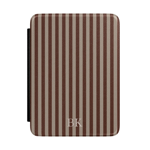 Brown and taupe ticking stripe Kindle Paperwhite case with debossed initials front cover — Maison Noir personalized gift