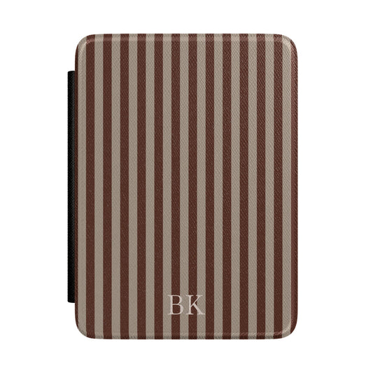 Brown and taupe ticking stripe Kindle Paperwhite case with debossed initials front cover — Maison Noir personalized gift