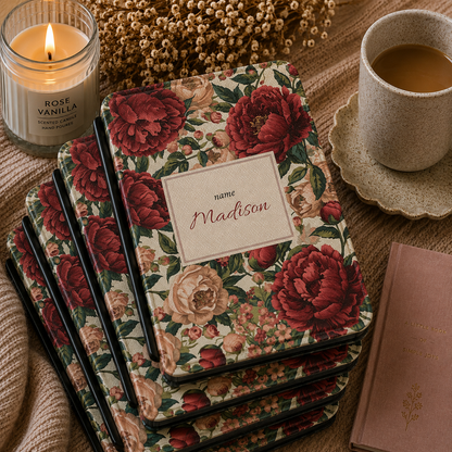 Personalised burgundy peony Kindle case shown at an angle