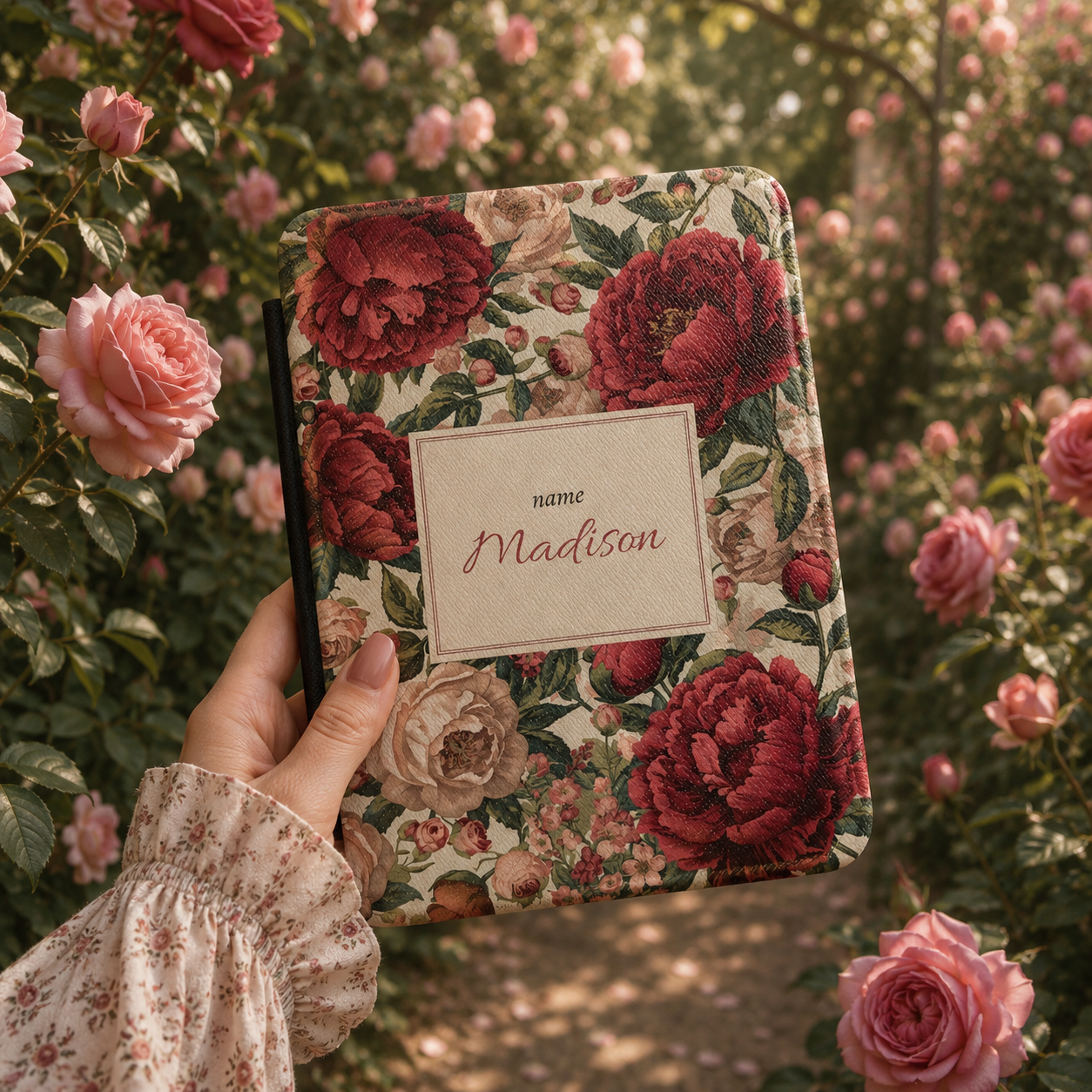 Close-up of burgundy peony Saffiano Kindle case with personalised name in framed plaque