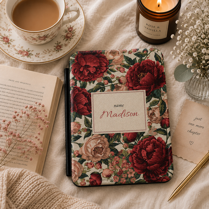 Personalised burgundy peony Kindle case front cover with name in framed plaque