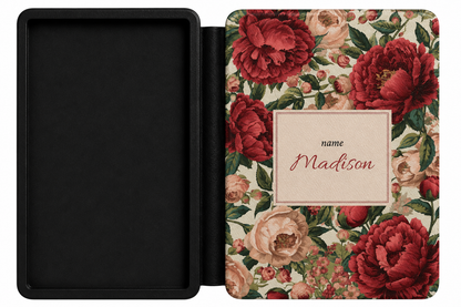 Personalised burgundy peony Kindle case open showing e-ink Kindle on right interior panel