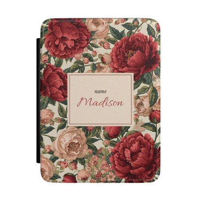 Personalised burgundy peony Kindle case in heritage Saffiano with name in framed plaque, Maison Noir custom gift for her