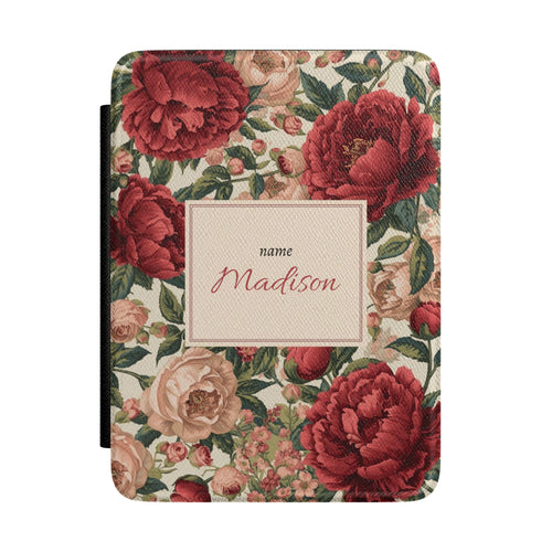 Personalised burgundy peony Kindle case in heritage Saffiano with name in framed plaque, Maison Noir custom gift for her