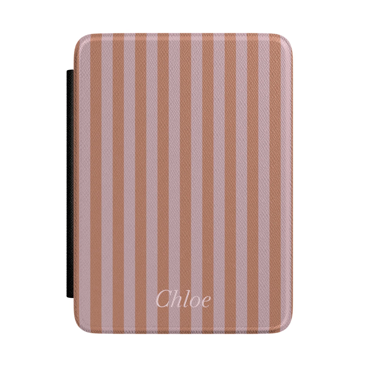 Caramel and mauve stripe Kindle Paperwhite case with personalized name in white script front cover — Maison Noir custom gift