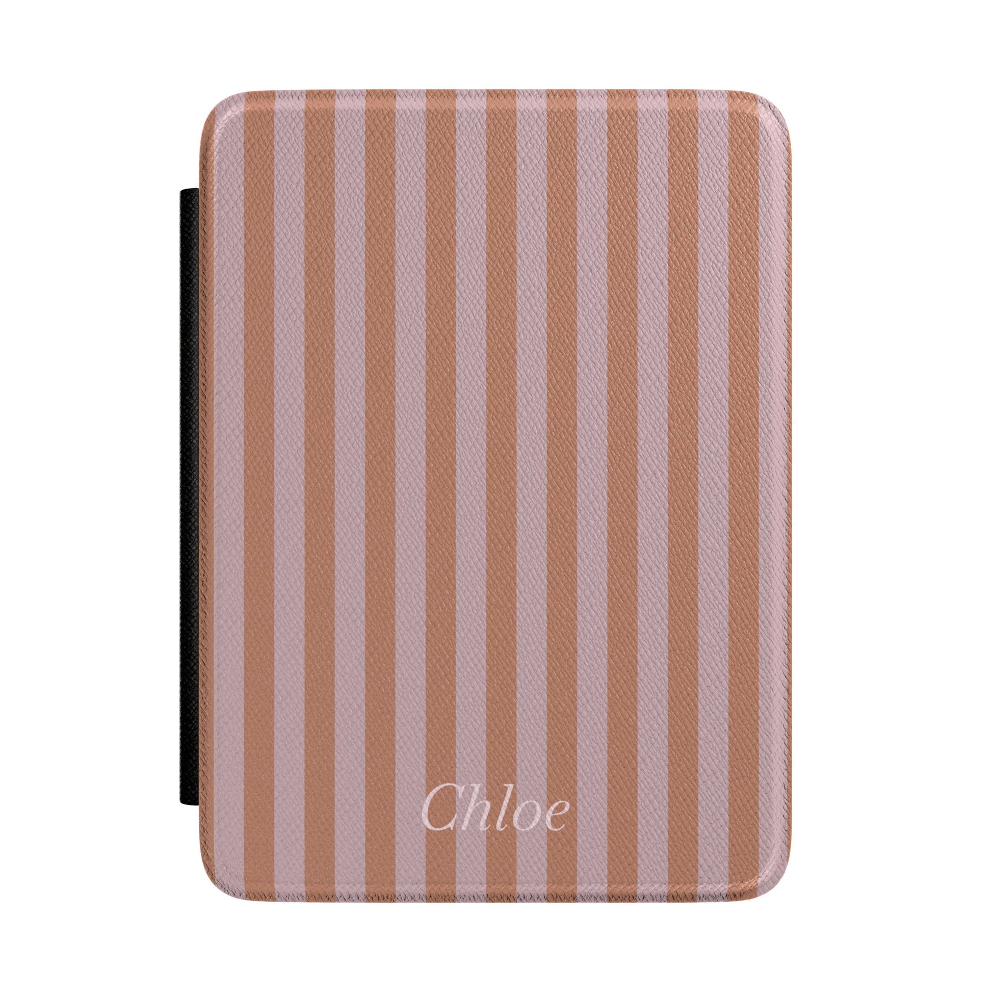 Caramel and mauve stripe Kindle Paperwhite case with personalized name in white script front cover — Maison Noir custom gift