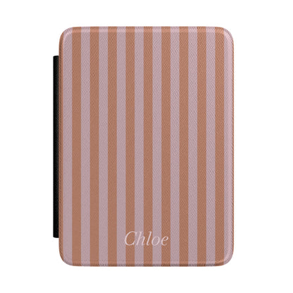 Caramel and mauve stripe Kindle Paperwhite case with personalized name in white script front cover — Maison Noir custom gift