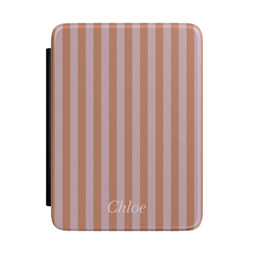 Caramel and mauve stripe Kindle Paperwhite case with personalized name in white script front cover — Maison Noir custom gift
