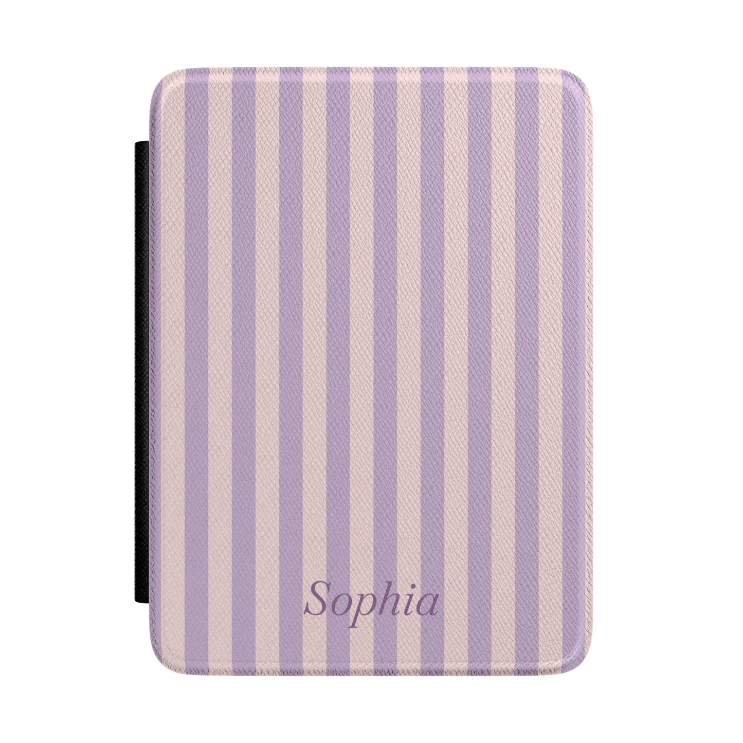 Lavender and blush stripe Kindle Paperwhite case with personalized name in purple script front cover — Coquette Reader custom gift