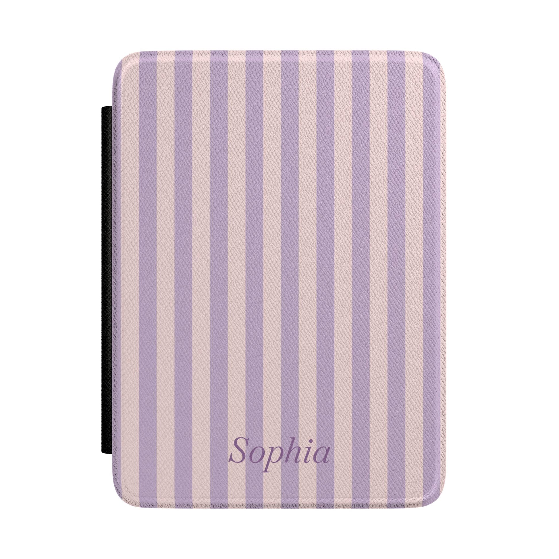 Lavender and blush stripe Kindle Paperwhite case with personalized name in purple script front cover — Coquette Reader custom gift