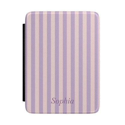 Lavender and blush stripe Kindle Paperwhite case with personalized name in purple script front cover — Coquette Reader custom gift