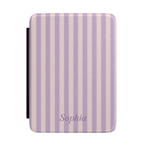 Lavender and blush stripe Kindle Paperwhite case with personalized name in purple script front cover — Coquette Reader custom gift