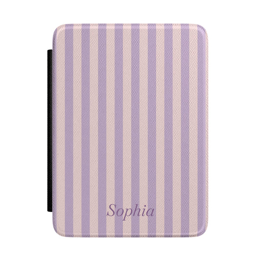 Lavender and blush stripe Kindle Paperwhite case with personalized name in purple script front cover — Coquette Reader custom gift