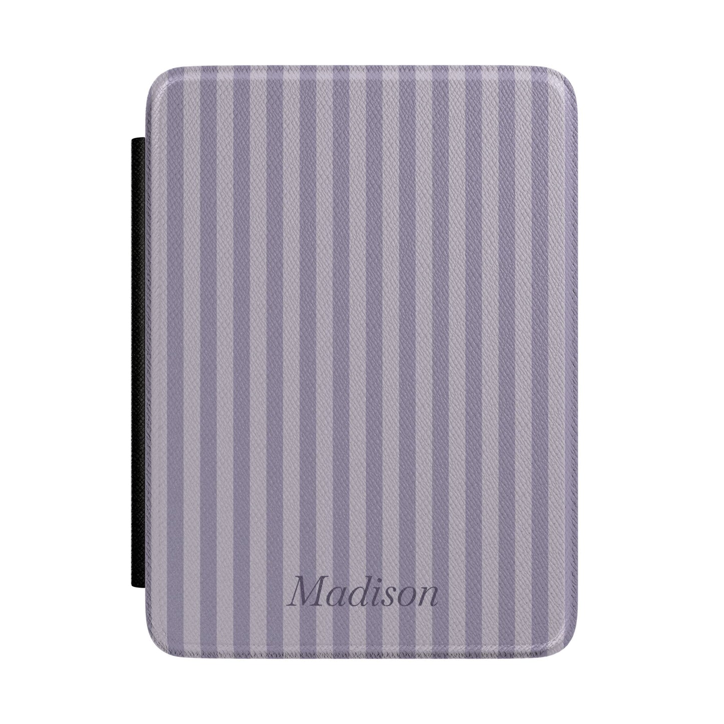 Lilac-grey stripe Kindle Paperwhite case with personalized name in script front cover — Quiet Bookish custom gift