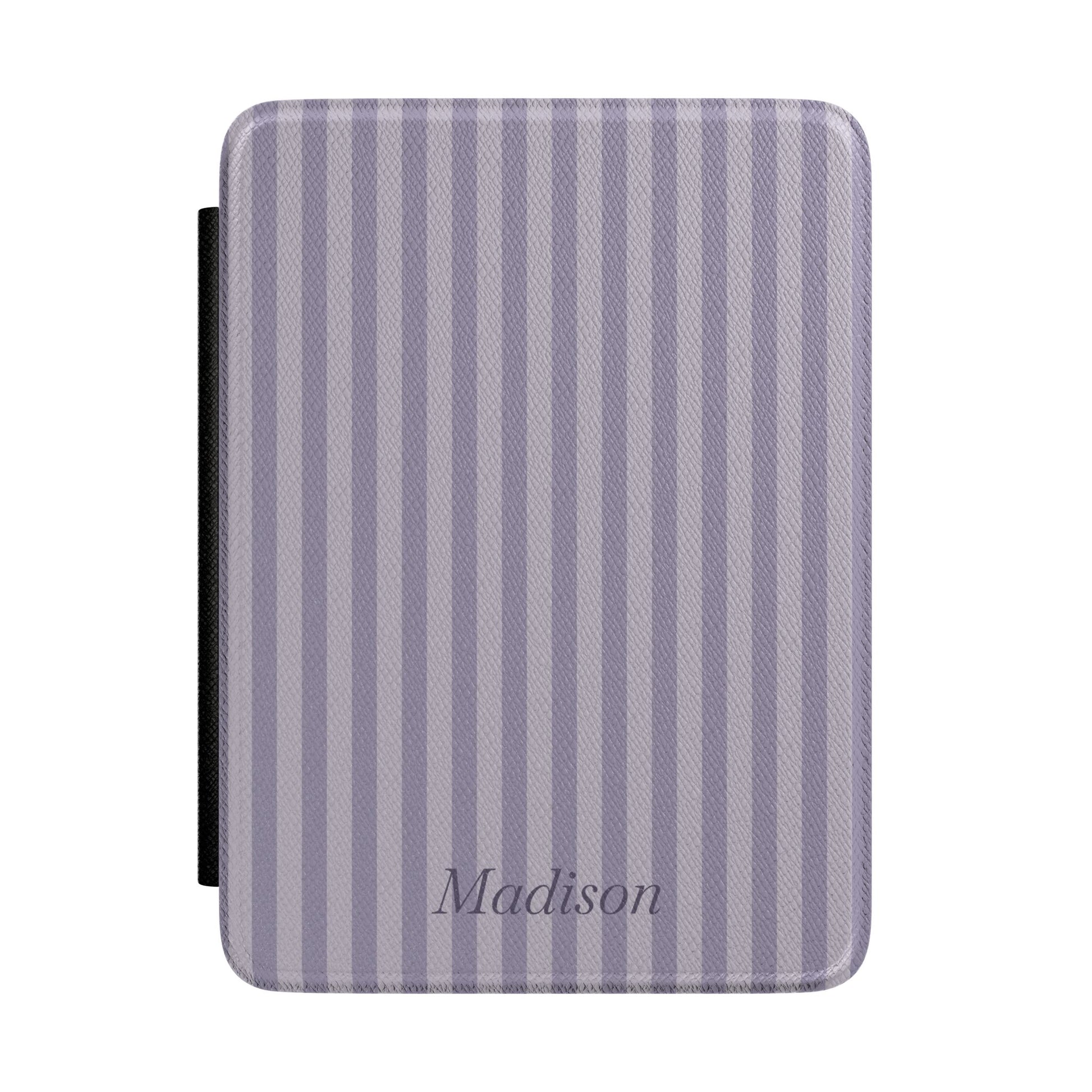 Lilac-grey stripe Kindle Paperwhite case with personalized name in script front cover — Quiet Bookish custom gift