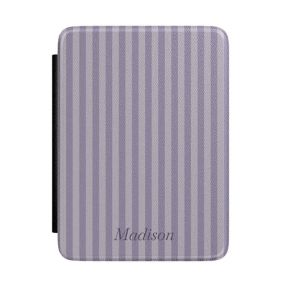 Lilac-grey stripe Kindle Paperwhite case with personalized name in script front cover — Quiet Bookish custom gift