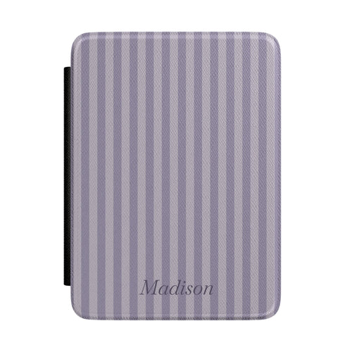 Lilac-grey stripe Kindle Paperwhite case with personalized name in script front cover — Quiet Bookish custom gift