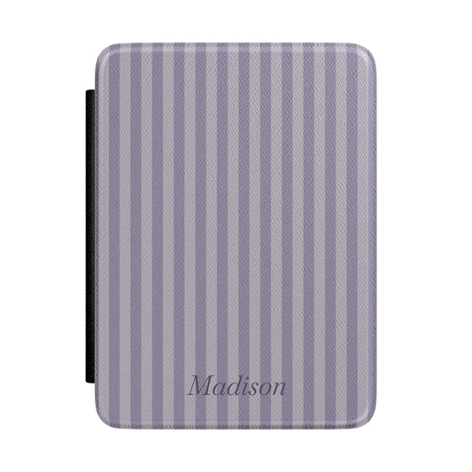 Lilac-grey stripe Kindle Paperwhite case with personalized name in script front cover — Quiet Bookish custom gift