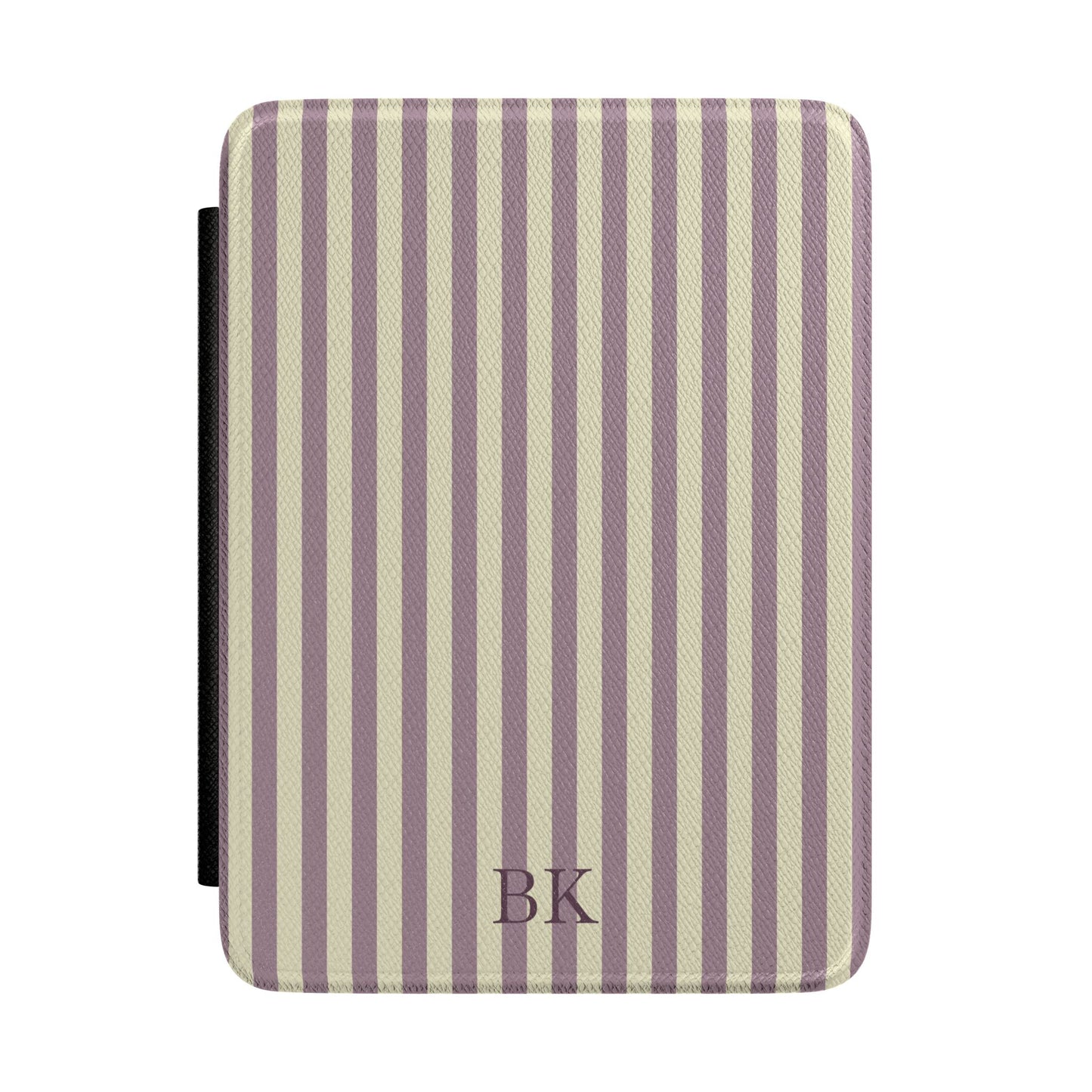 Dusty mauve and cream stripe Kindle Paperwhite case with debossed initials front cover — Quiet Bookish personalized gift