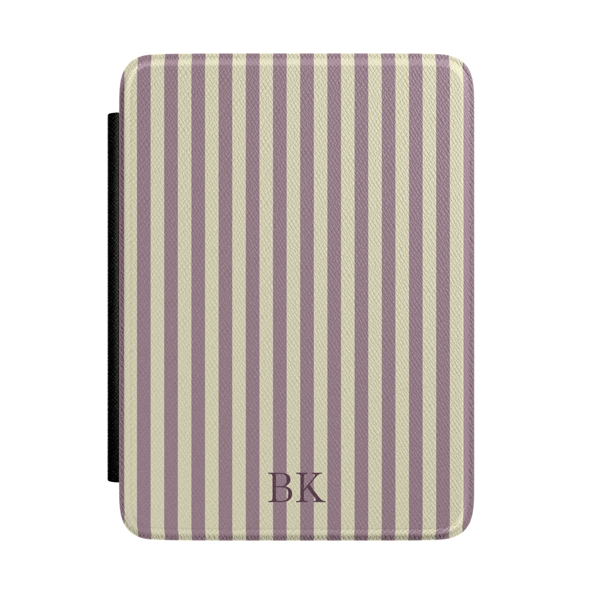 Dusty mauve and cream stripe Kindle Paperwhite case with debossed initials front cover — Quiet Bookish personalized gift