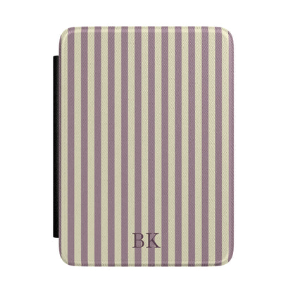 Dusty mauve and cream stripe Kindle Paperwhite case with debossed initials front cover — Quiet Bookish personalized gift